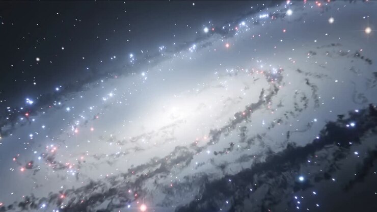 Allontanamento, la telecamera mostra una galassia a spirale che ruota nello spazio, rivelando un rigonfiamento luminoso e fasce di polvere