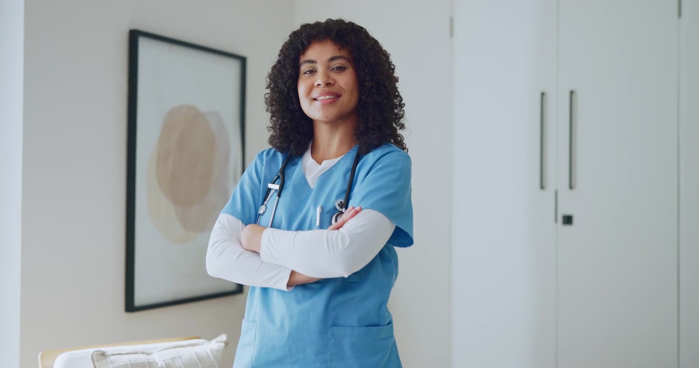 Smiling Female Nurse Standing in a Medical Office