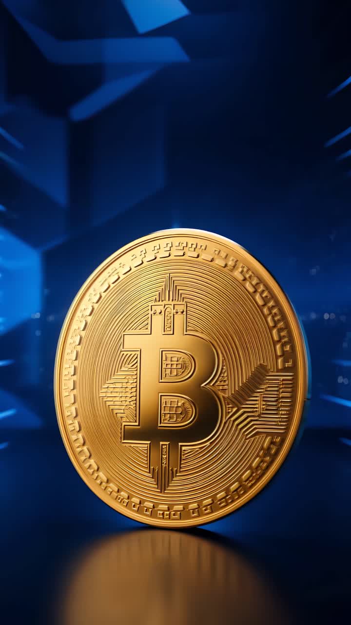 Animazione rotante di Bitcoin dorato su sfondo scuro, criptovaluta cinematografica 4K.