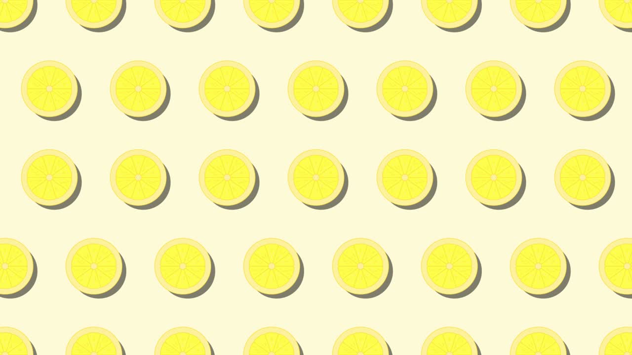 노란색 배경에 레몬의 애니메이션 과일 아이콘의 패턴. 간단하고 세련된 반복된 요소와 함께 원활한 루프 음식 애니메이션.