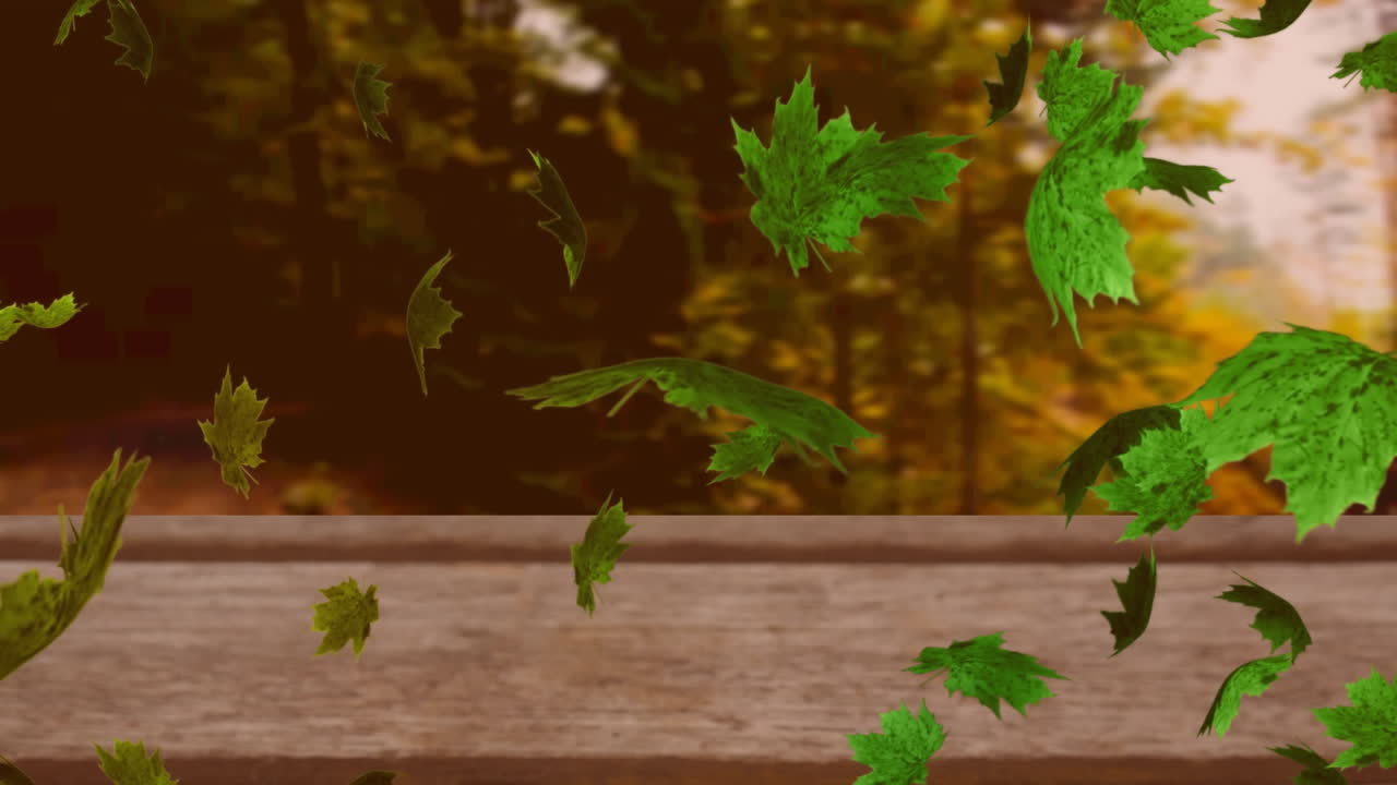 animación digital de múltiples hojas de otoño flotando sobre la superficie de madera contra el bosque