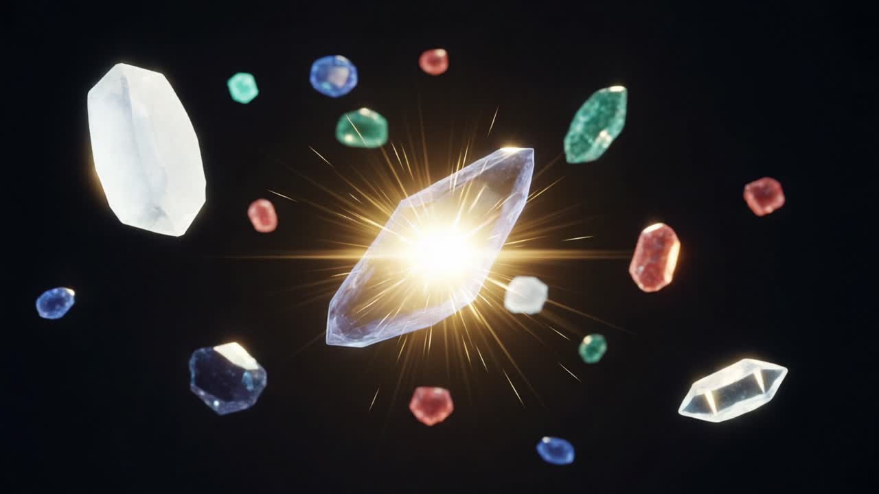 A Fascinating Array of Shimmering Crystals Illuminated by a Radiant Glow Against a Dark Background, Highlighting Their Unique Light Reflections and Colors