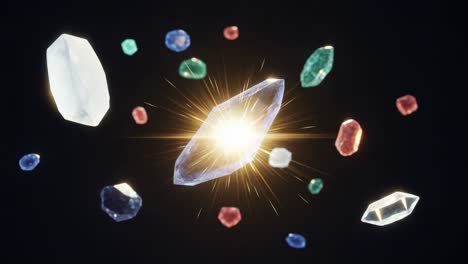 a fascinating array of shimmering crystals illuminated by a radiant glow against a dark background, highlighting their unique light reflections and colors