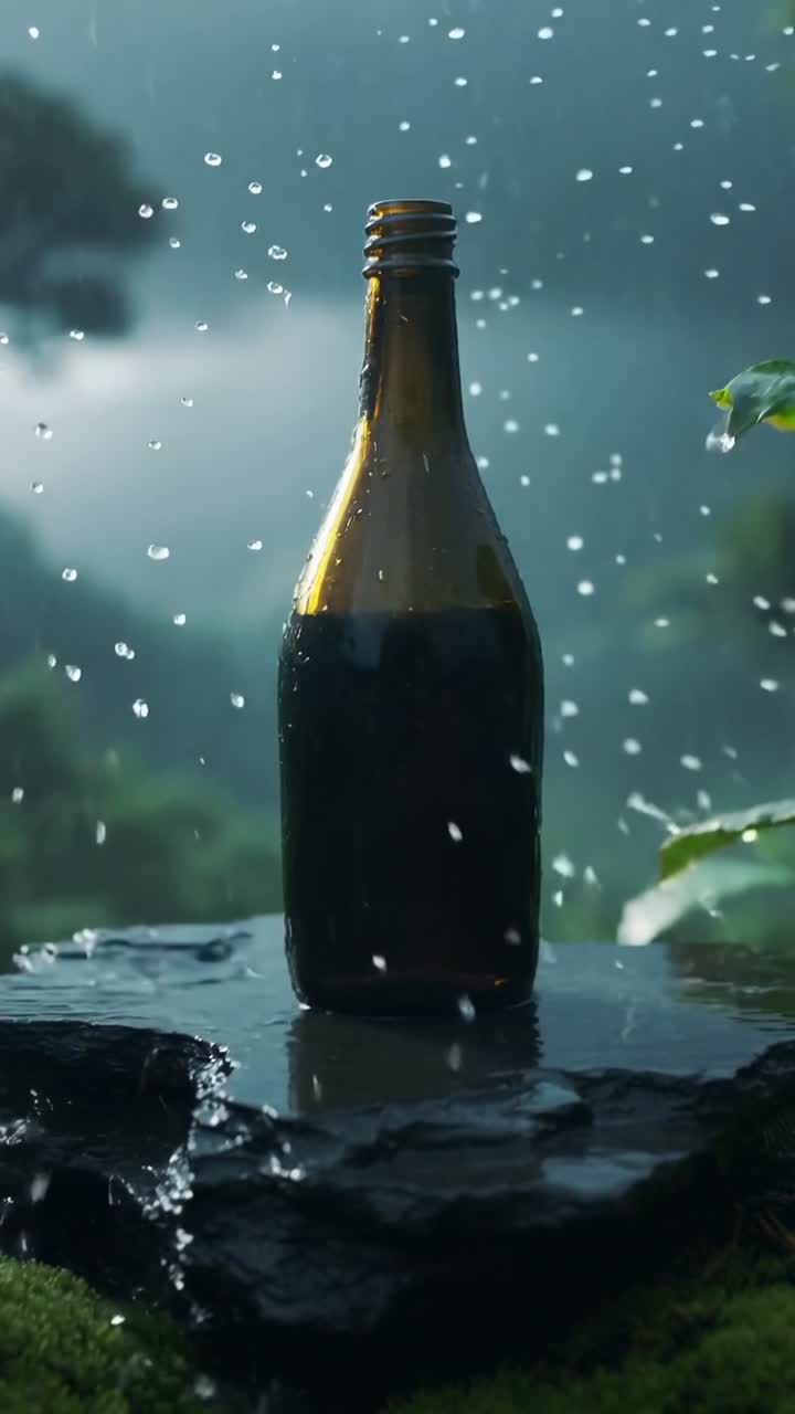 Video vertical: Botella de vidrio oscuro bajo la lluvia, recogiendo gotas de lluvia sobre una roca mojada en una colina neblinosa.
