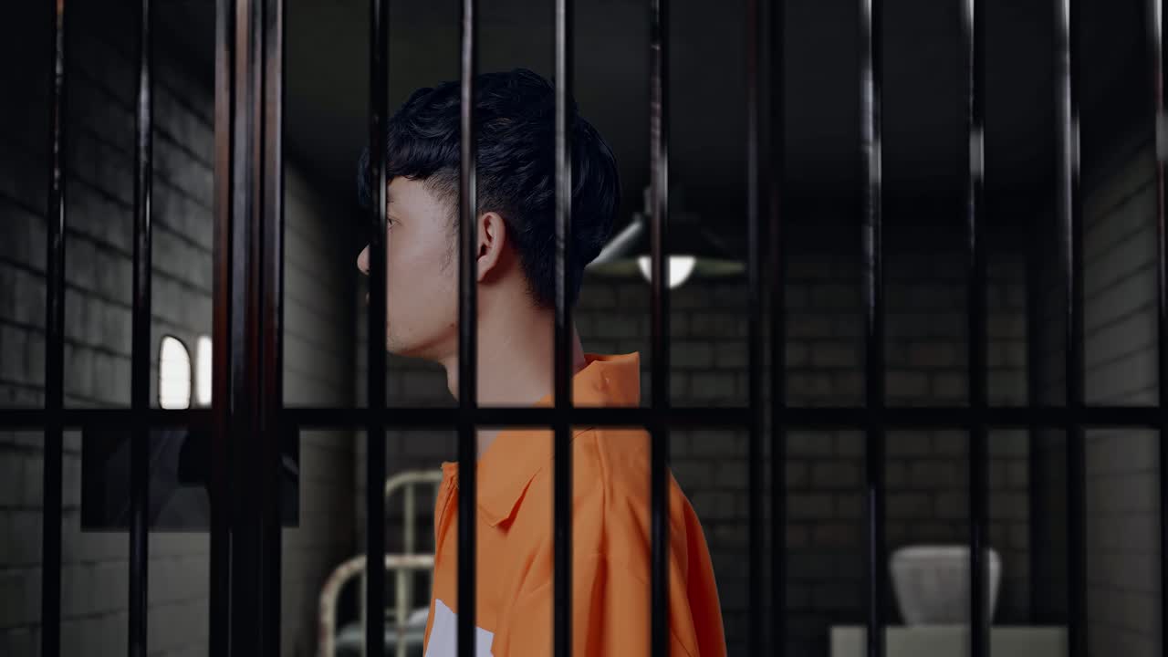 primer plano de un prisionero masculino asiático con esposas de pie en la cárcel, levantando la cabeza y girando