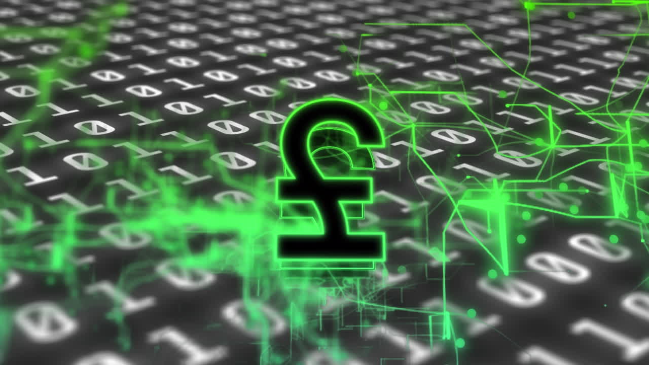 검은색 배경에 있는 데이터 처리 및 파운드 기호의 애니메이션