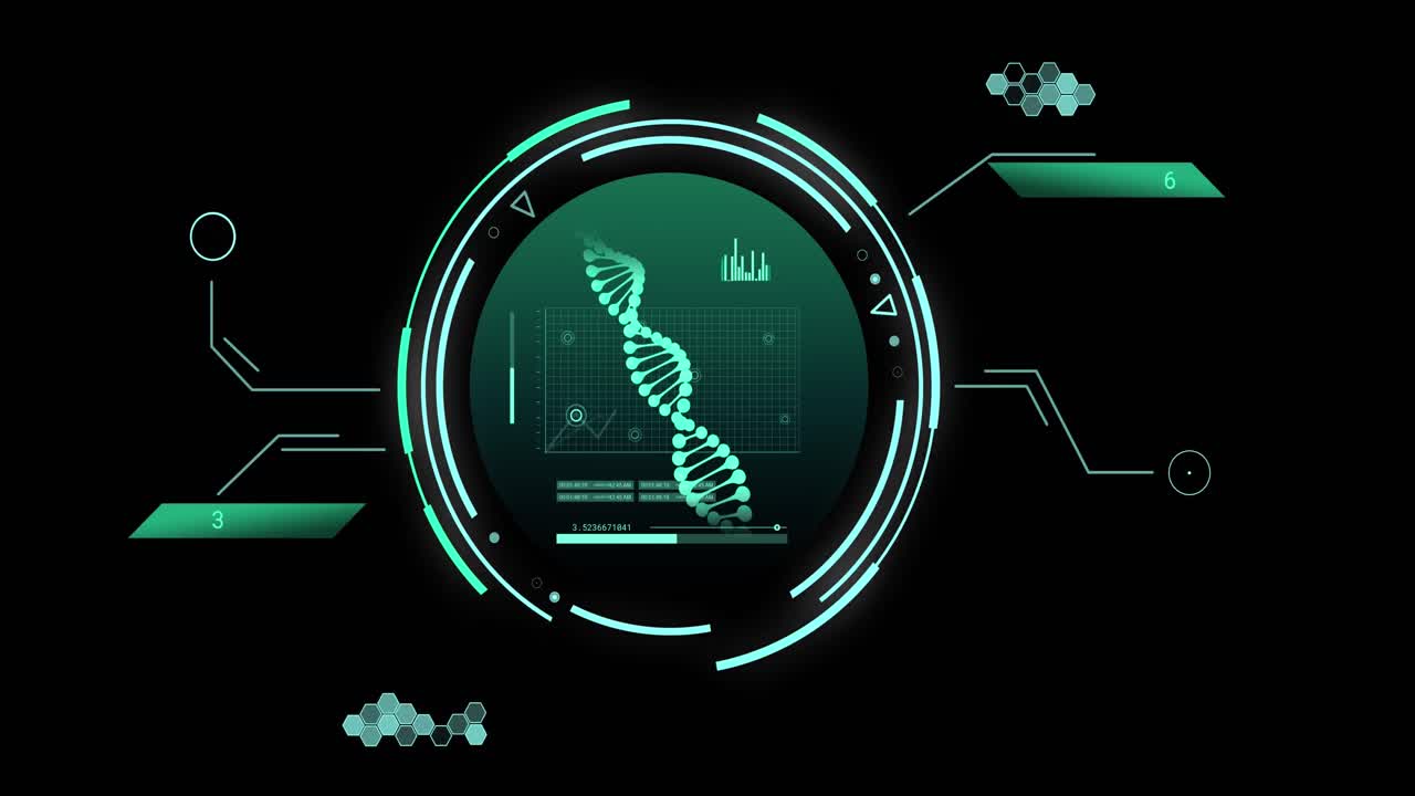 Animation of dna strand and scientific data processing over black background