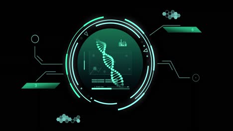 animation of dna strand and scientific data processing over black background