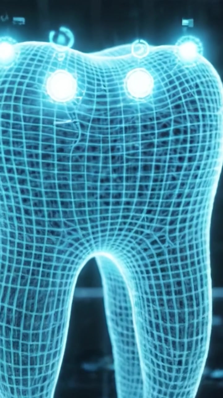 A Visualization of a 3D Model of a Tooth in a Digital Space, Showcasing the Structure and Design Through an Intricate Wireframe Representation