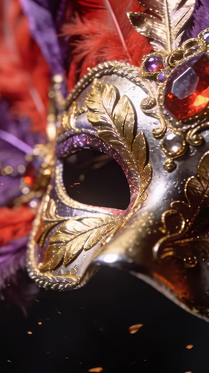 Video verticale: Maschera veneziana ornata in panning in studio che mostra foglia d'oro, gioiello rosso, piuma viola