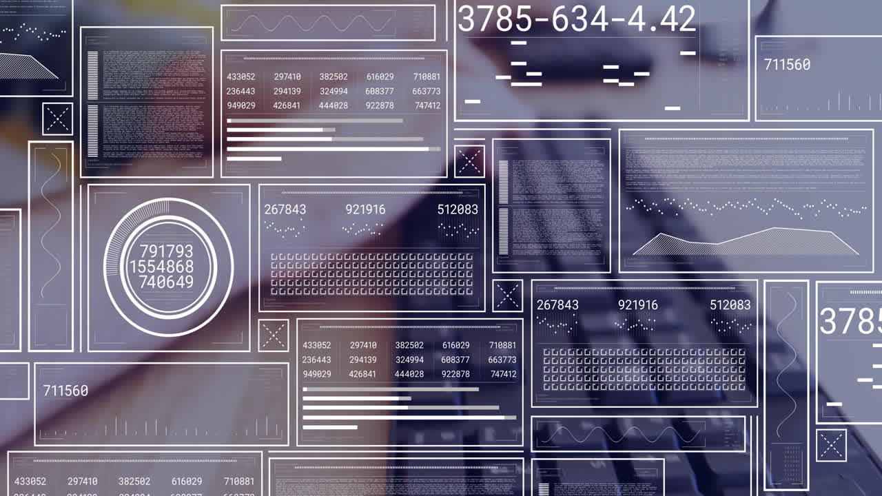 Semi-transparent panels hovering above blurred laptop and smartphone, displaying data charts