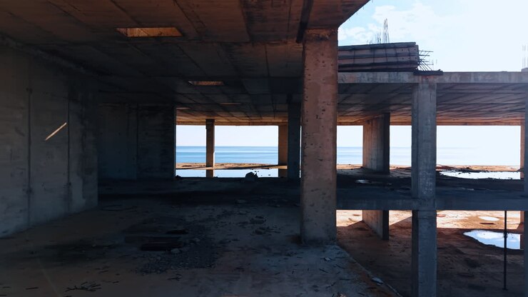 Muovendosi all'interno dei piani dell'edificio senza pareti esterne. Vista sul paesaggio marino sullo sfondo.
