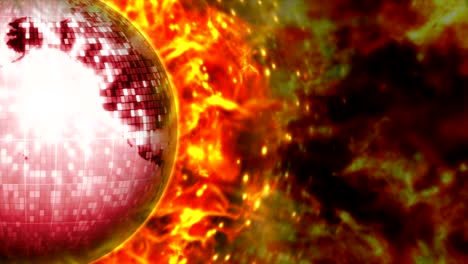 fiery earth disco ball background and flames, rendering, animation, background, loop