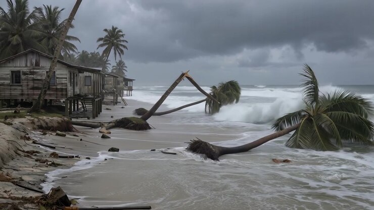 Fallen palm tree lies on a sandy beach after a powerful tropical storm hits the coastal village