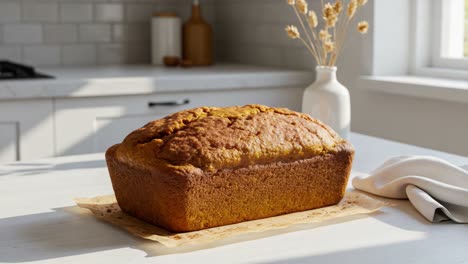 Warm and Deliciously Baked Loaf: A Freshly Made Golden Brown Bread Showcased on a Charming Kitchen Countertop with Natural Light Streaming In