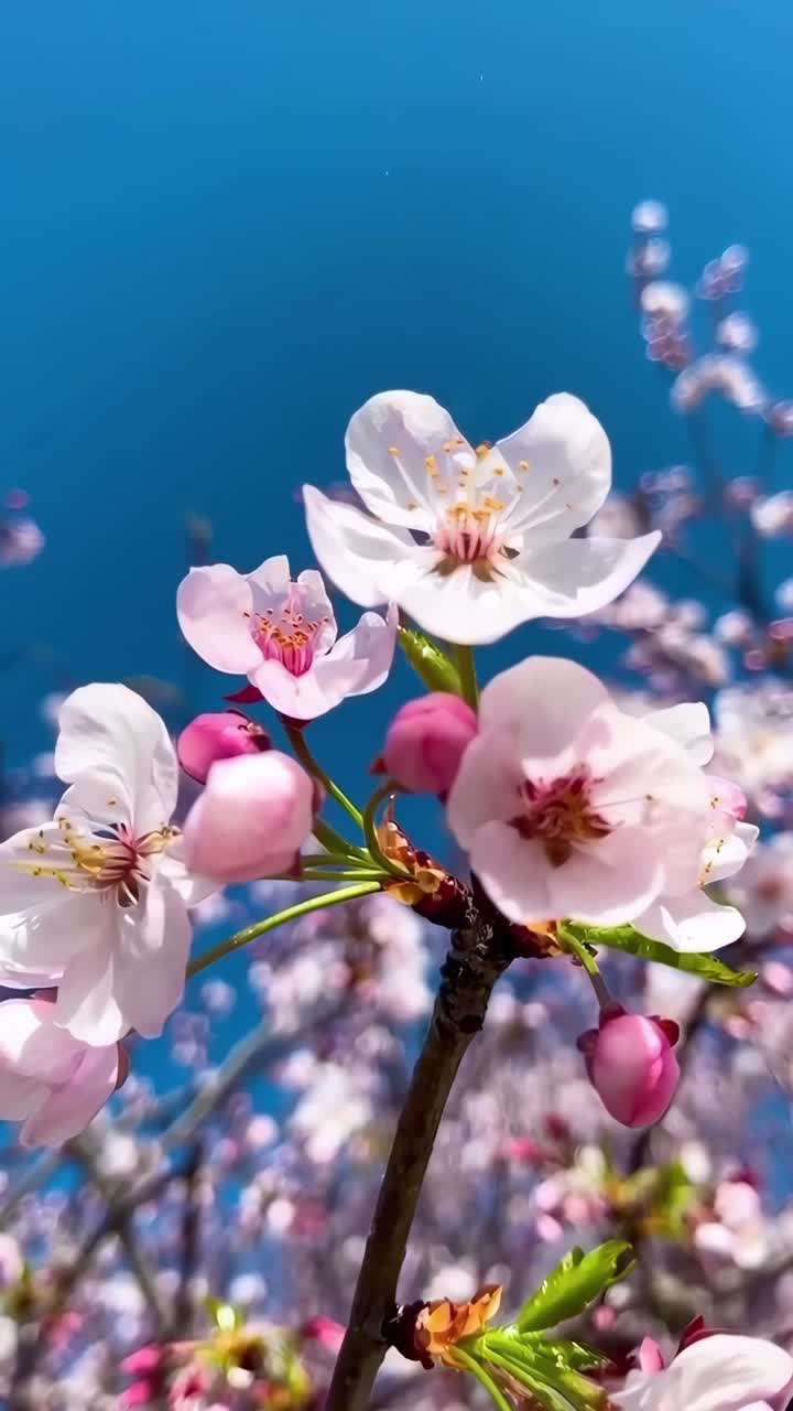 Delicate Pink Cherry Blossoms Swaying Against a Clear Blue Sky