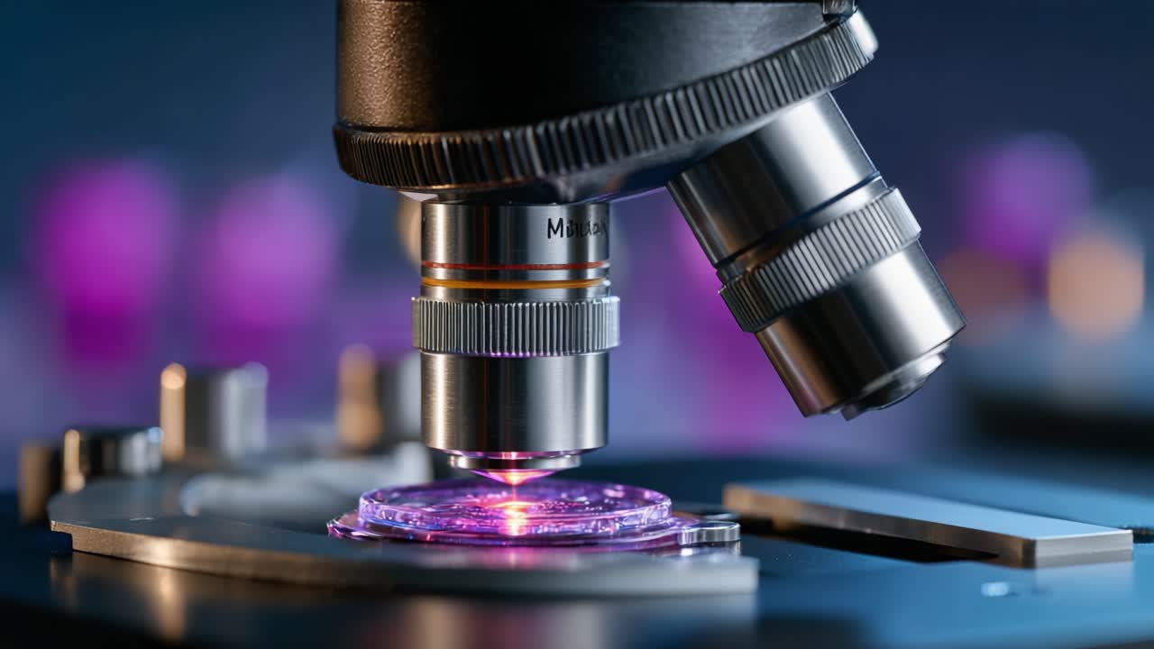 Exploring the Microscopic World: A Close-Up View of a Microscope Focusing on a Prepared Slide with Vibrant Colors in the Background