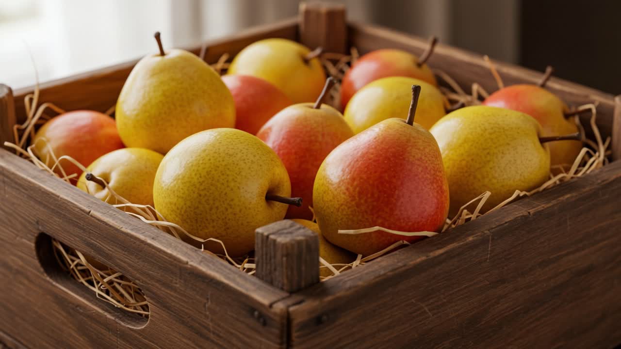 A Beautiful Arrangement of Freshly Harvested Pears in a Rustic Wooden Crate, Showcasing Their Vibrant Colors and Natural Texture in a Cozy Setting