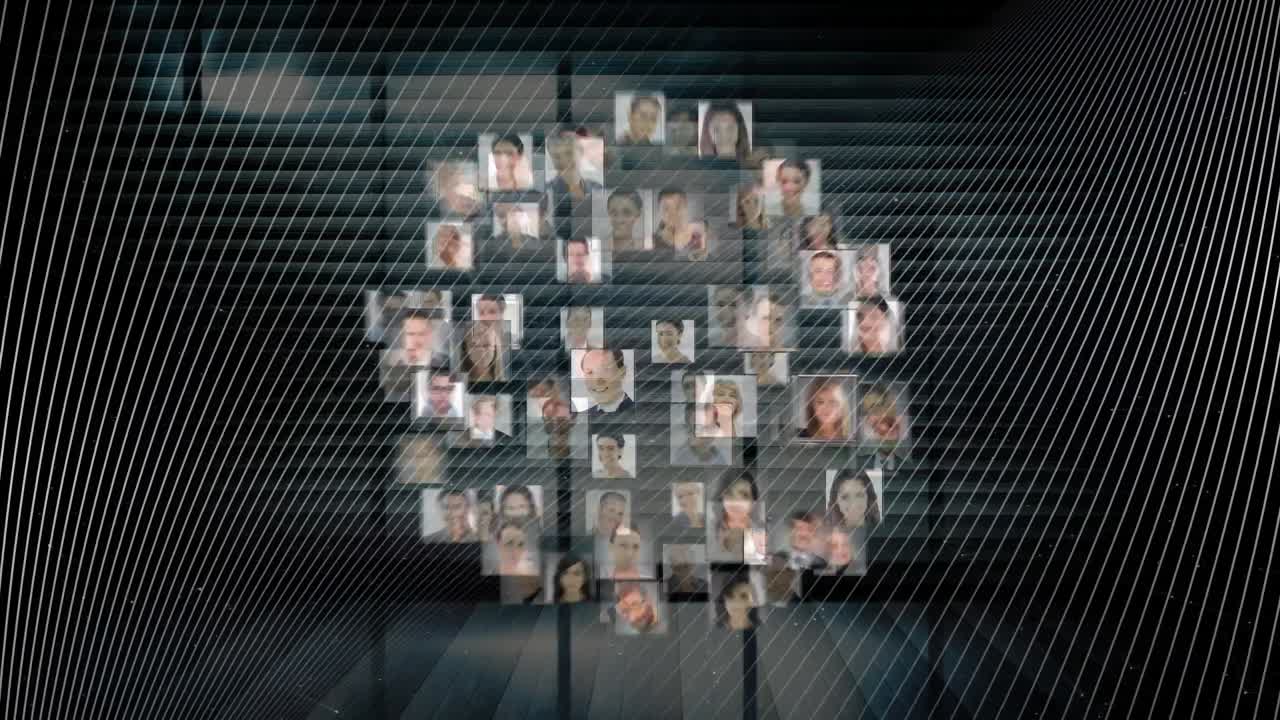 animación de diversas personas iconos y líneas blancas sobre la ventana