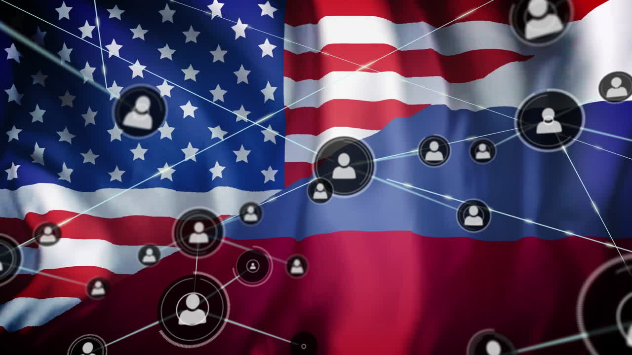 Animation of network of connections with people icons over flag of usa and russia