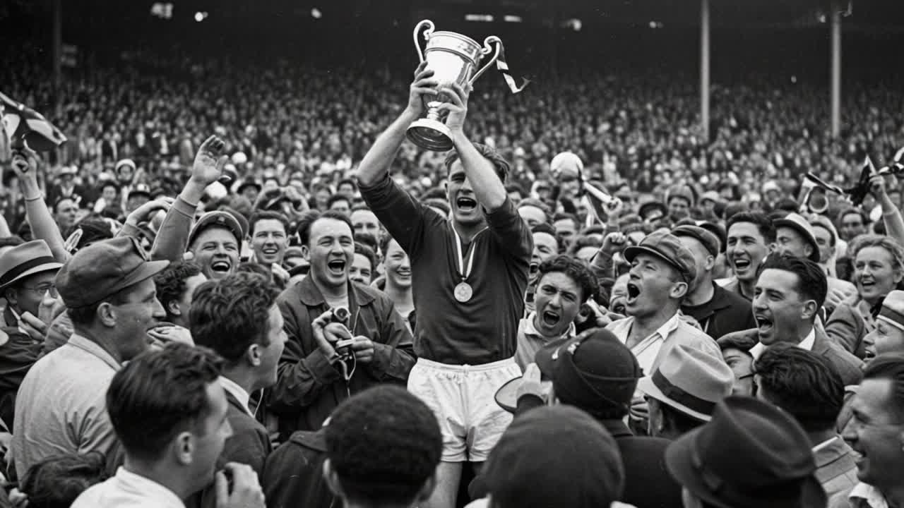 A Thrilling Victory Celebration as a Player Raises the Trophy Overhead Amidst a Joyous Crowd, Capturing the Essence of Sportsmanship and Triumph