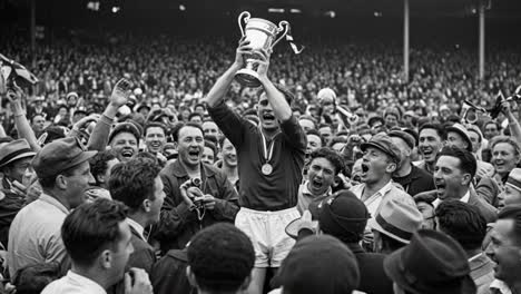 a thrilling victory celebration as a player raises the trophy overhead amidst a joyous crowd, capturing the essence of sportsmanship and triumph