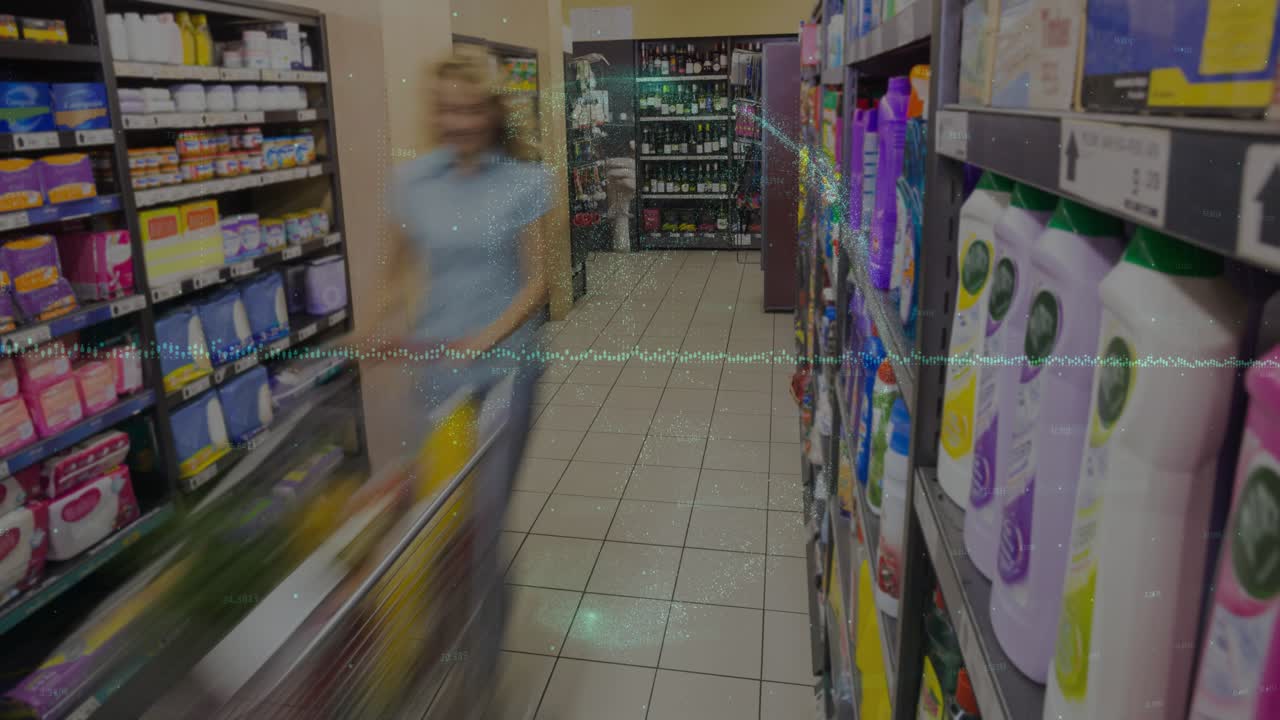 Female shopper pushing cart into supermarket aisle, causing scanline artifact while shopping