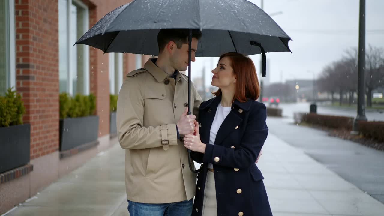 Holding umbrella, trench coat man and navy coat woman huddling in rain, kissing on wet sidewalk