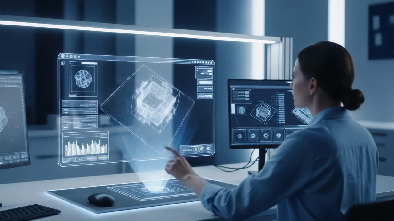 Futuristic Workspace: A Professional Engaging with Advanced Holographic Technology and High-Tech Displays to Analyze Complex Data in a Modern Office Environment