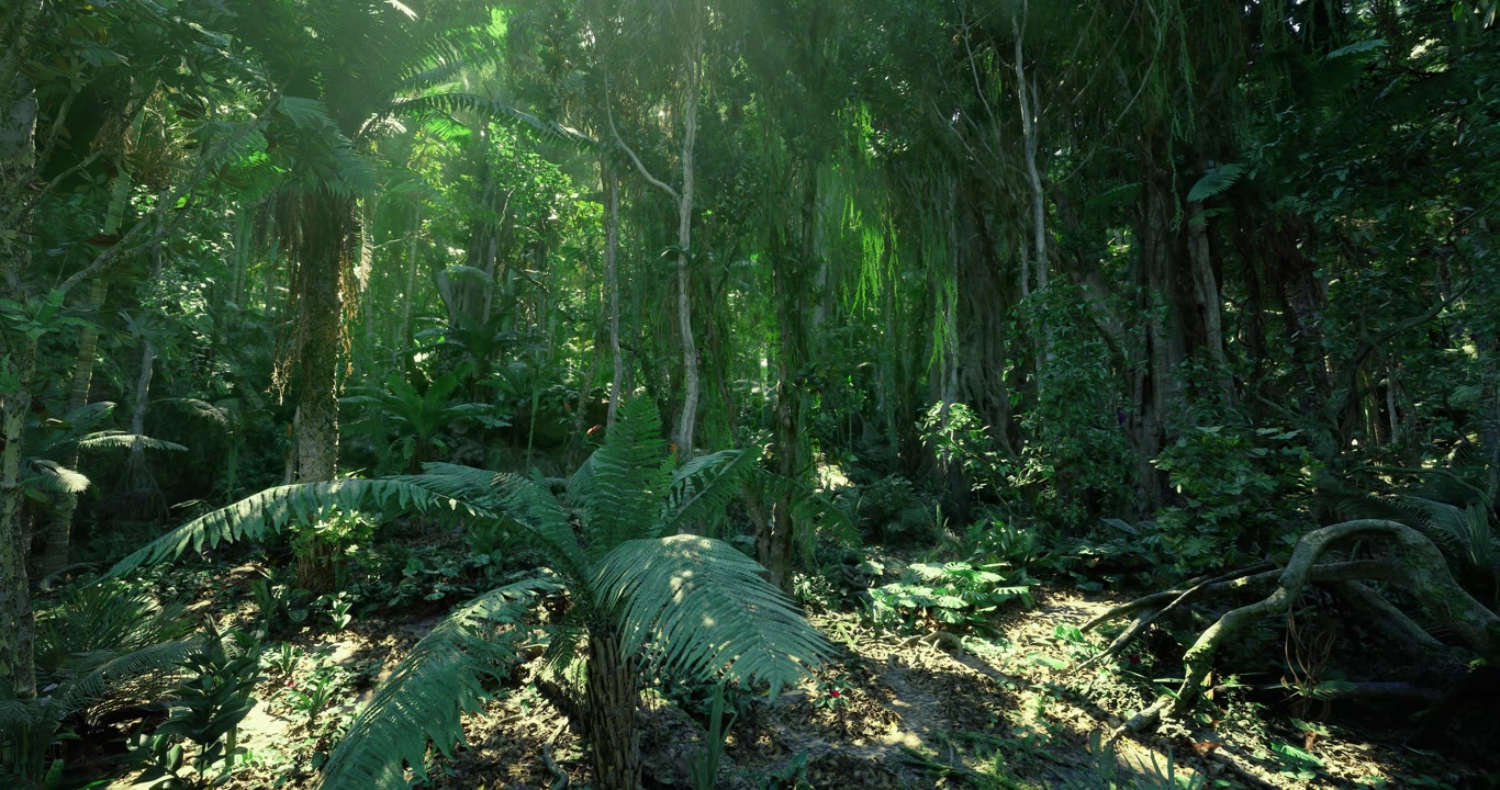 Sunlight Dappling Through Dense Green Foliage in a Tropical Jungle