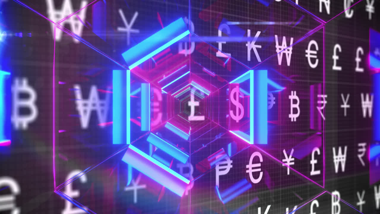 네온 터널 위에서 통화 기호의 애니메이션