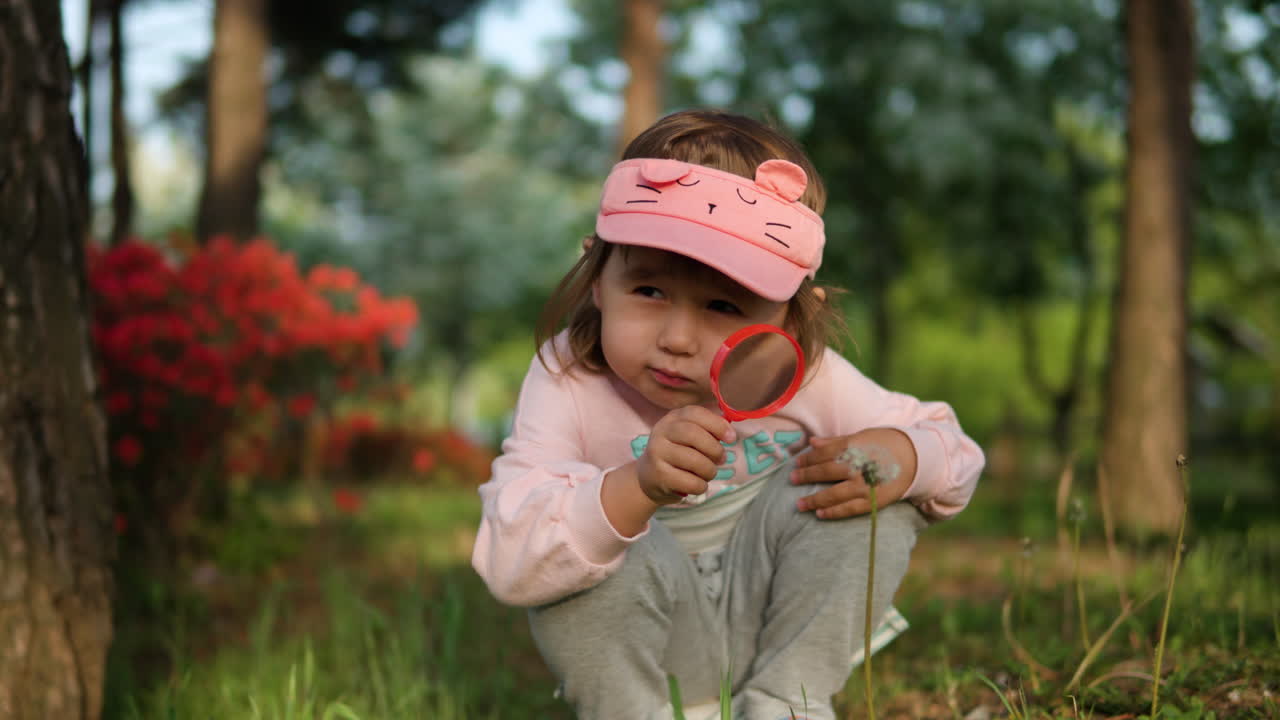 niña pequeña en un lindo visor de sol jugando y mirando al diente de león a través de una lupa