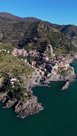 manarola coastline with colorful houses and clear blue water, aerial view