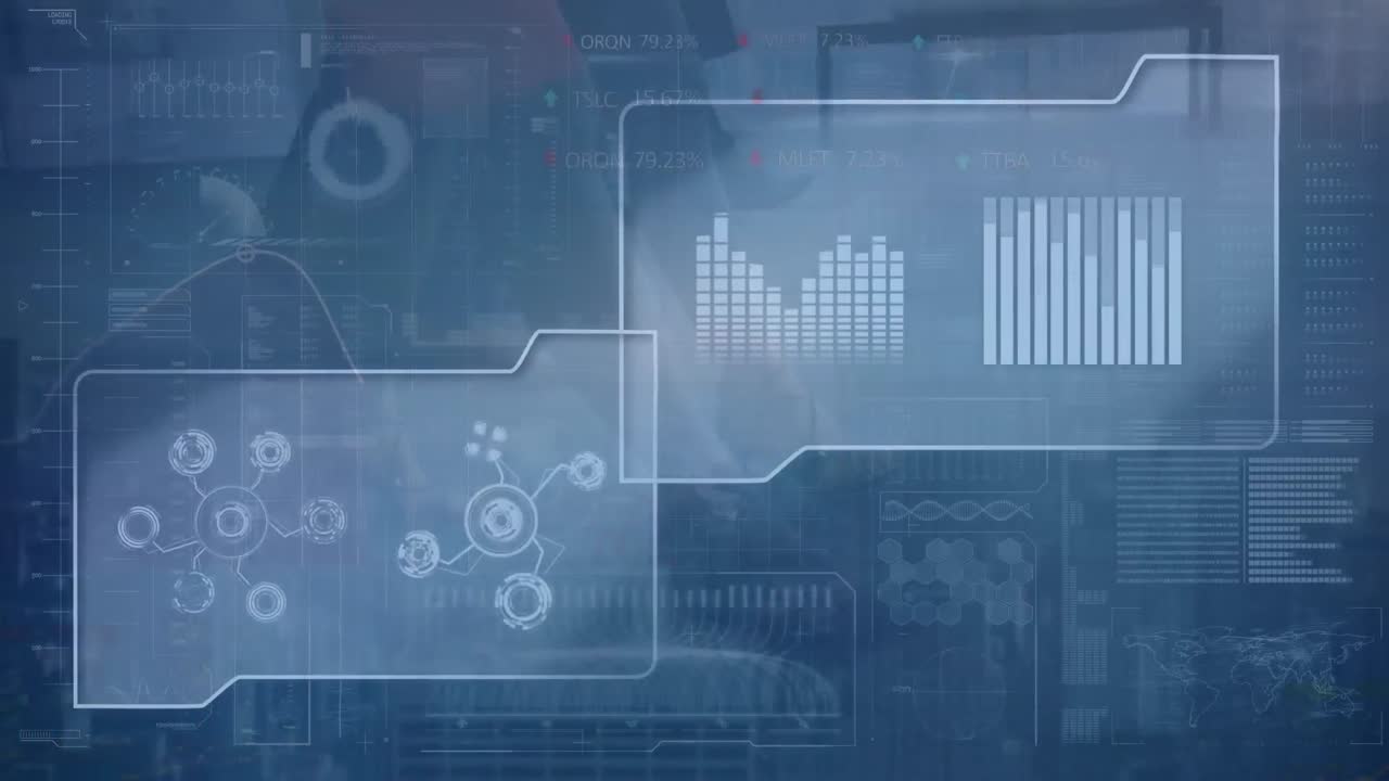 Animation of graphs, dna helix over trading board, low section of businesspeople walking in office