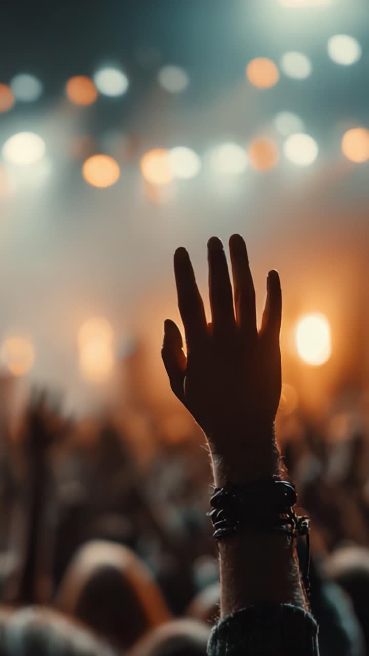 Un momento cautivador en una actuación en directo: una mano levantada con entusiasmo entre un mar de asistentes a un concierto, todos bañados en luces de colores