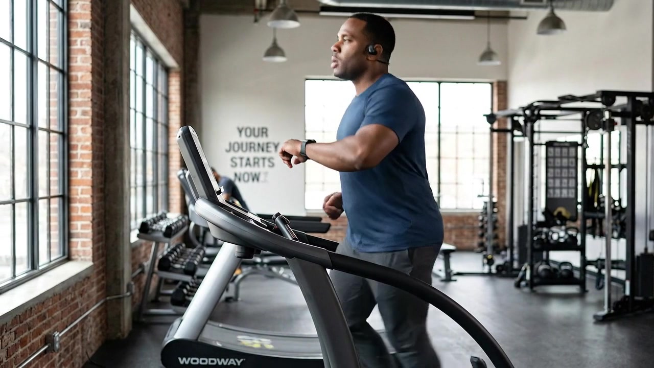 Man Running on Treadmill in Modern Gym
