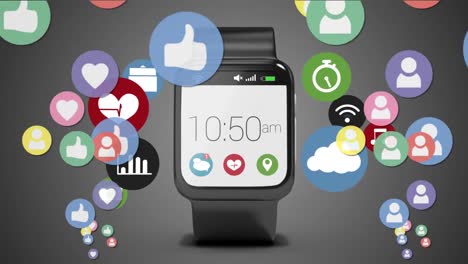 animación de iconos digitales volando sobre el reloj inteligente sobre un fondo gris
