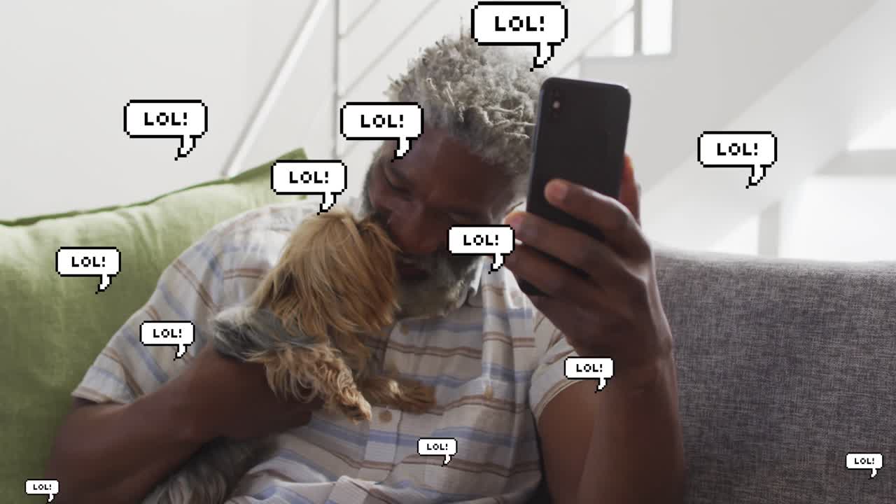 Animation of media icons over african american man taking selfie with dog
