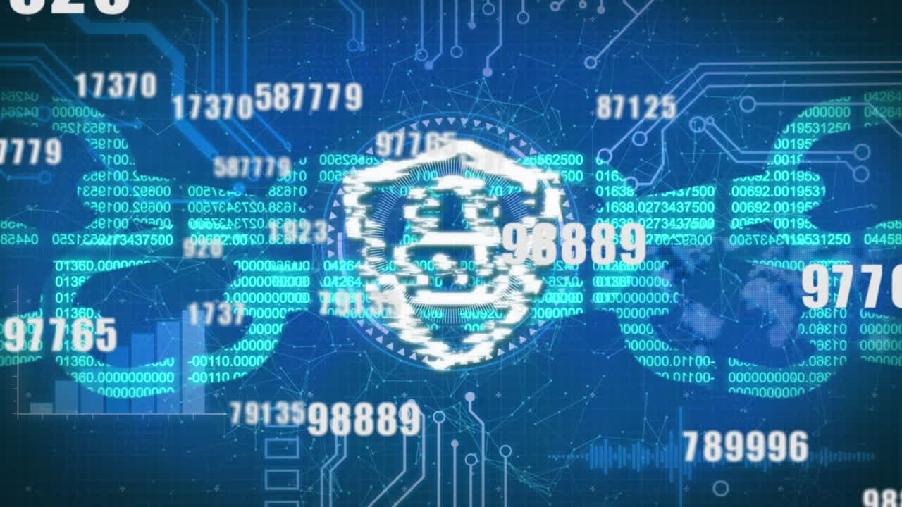 파란색 배경에 잠금과 함께 숫자, 블록체인 및 디지털 방패의 애니메이션