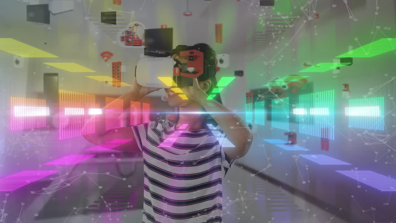 animación de una mujer con auriculares vr en un fondo de neón vibrante