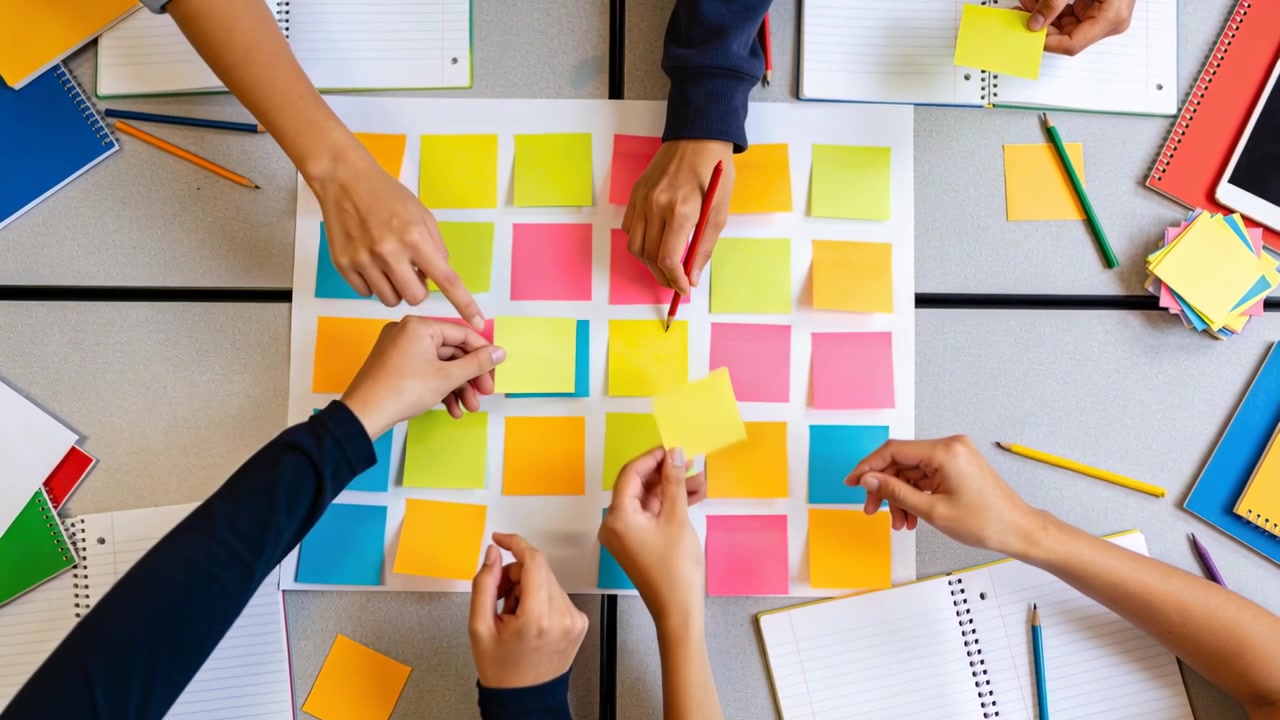Mani del team che indicano e scrivono, posizionando post-it su una lavagna a griglia durante la pianificazione di un workshop, con una penna rossa.