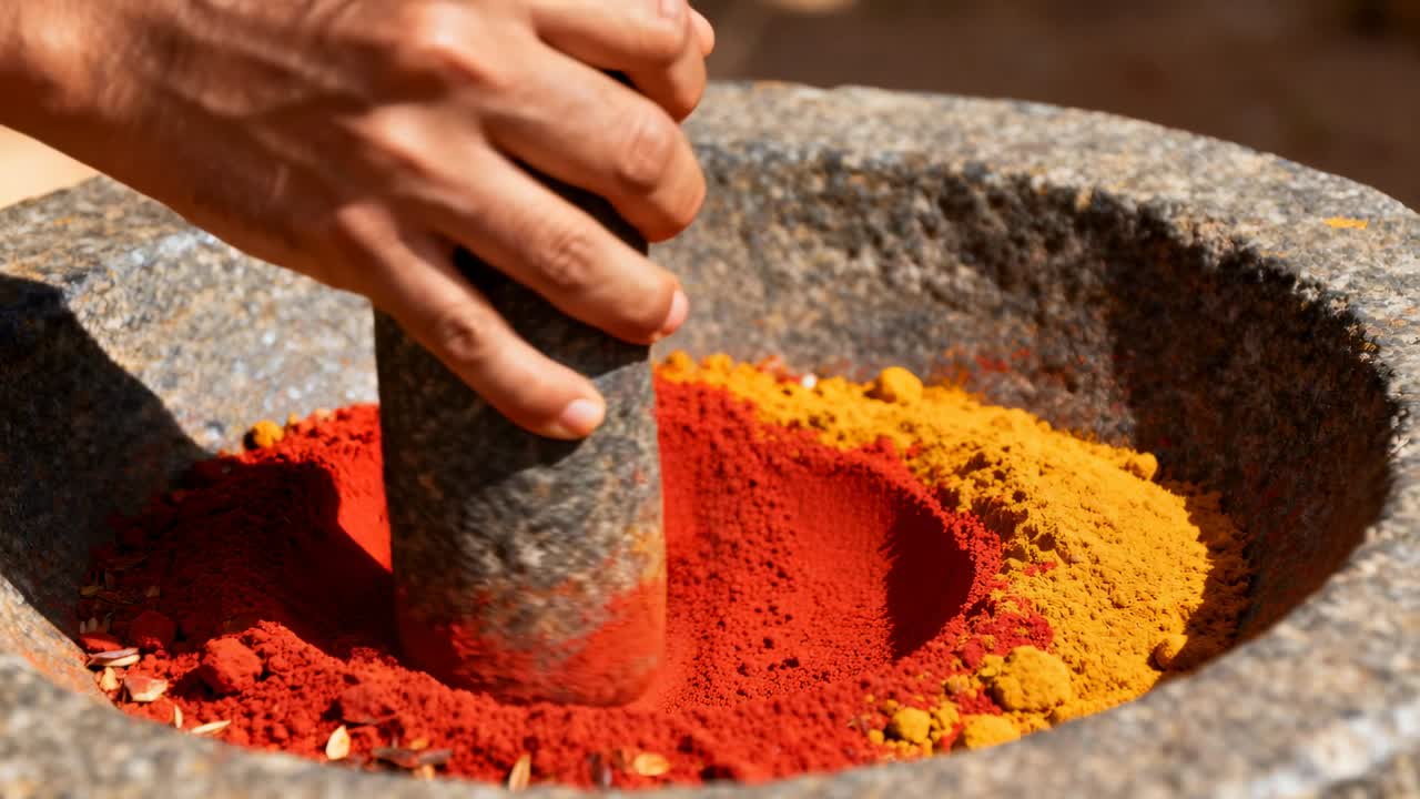 Grinding hand entering pressing pestle into mortar at sunlit table mixing red-yellow spices to cook