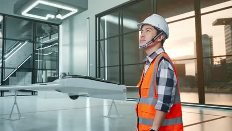 ingeniero en un edificio de oficinas moderno con un avión no tripulado