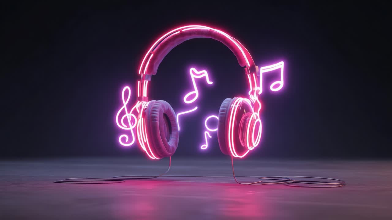 A Stunning Visual of Neon-Illuminated Headphones with Dancing Musical Notes, Capturing the Essence of Music and Sound in an Artistic, Modern Presentation