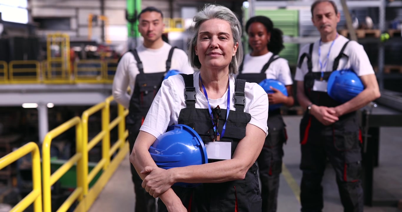 Equipo diverso de trabajadores industriales de pie en una fábrica