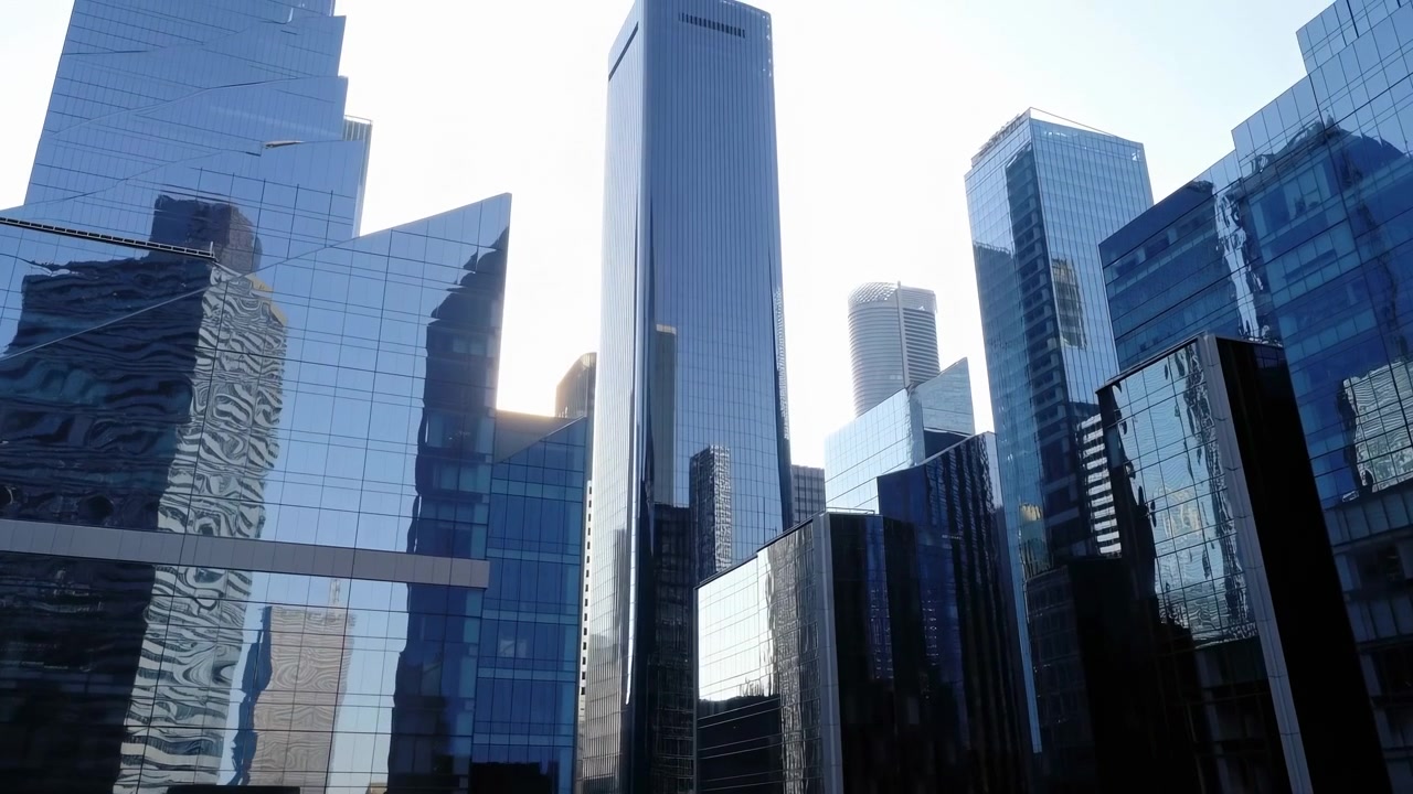 Agrupamento de torres de escritórios de vidro contemporâneas preenche o centro da cidade, apresentando paredes cortina espelhadas, formas angulares, ritmo vertical, reflexos azuis e forte contraste de luz diurna no horizonte da cidade.