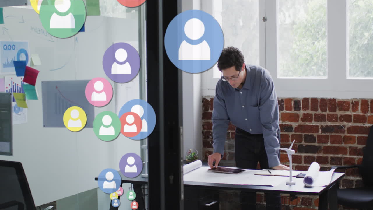 Animation of network of connections with icons over businessman in office