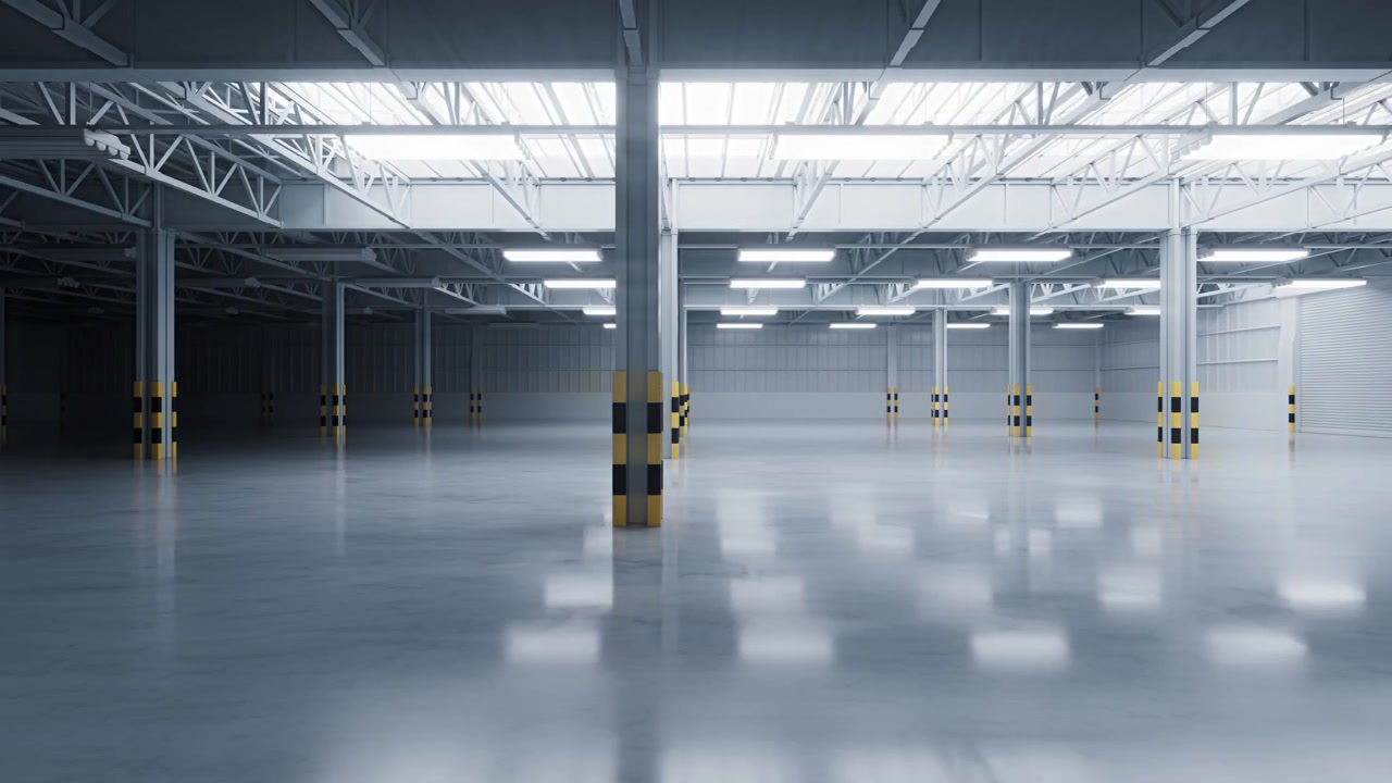 Tænd lys i den tomme, mørke industrifabrik, lagerinteriør, 3D-gengivelse