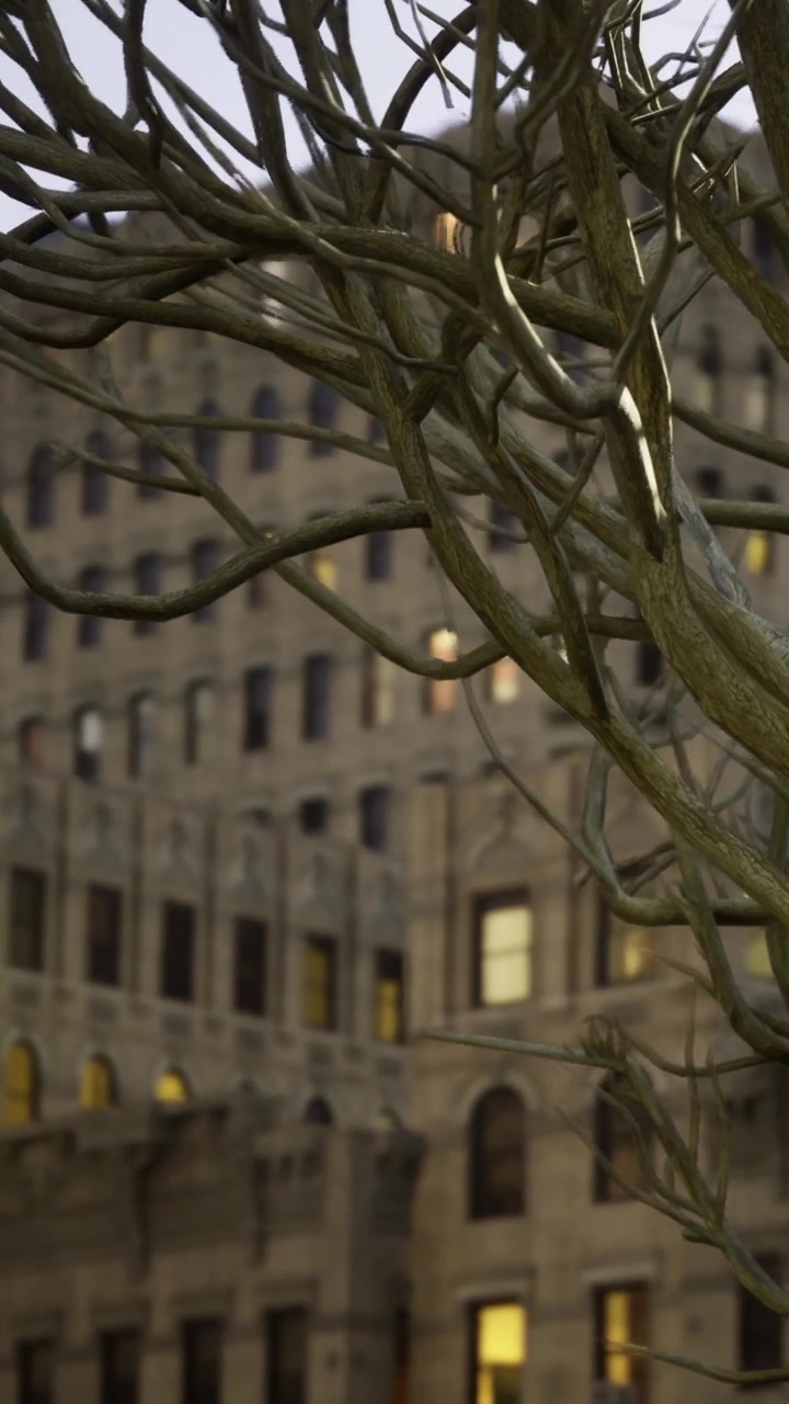Rami d'albero in primo piano con un edificio cittadino sullo sfondo al crepuscolo.