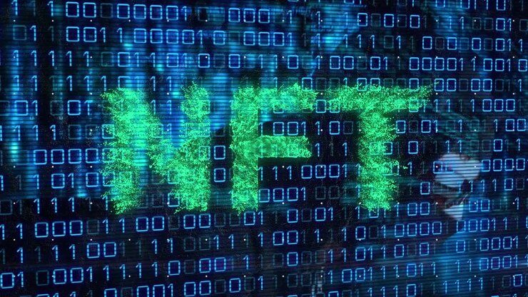Animation of data processing and nft text over caucasian male hacker using laptop